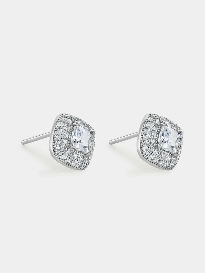 Sterling Silver Cubic Zirconia Cushion Double Halo Stud Earrings