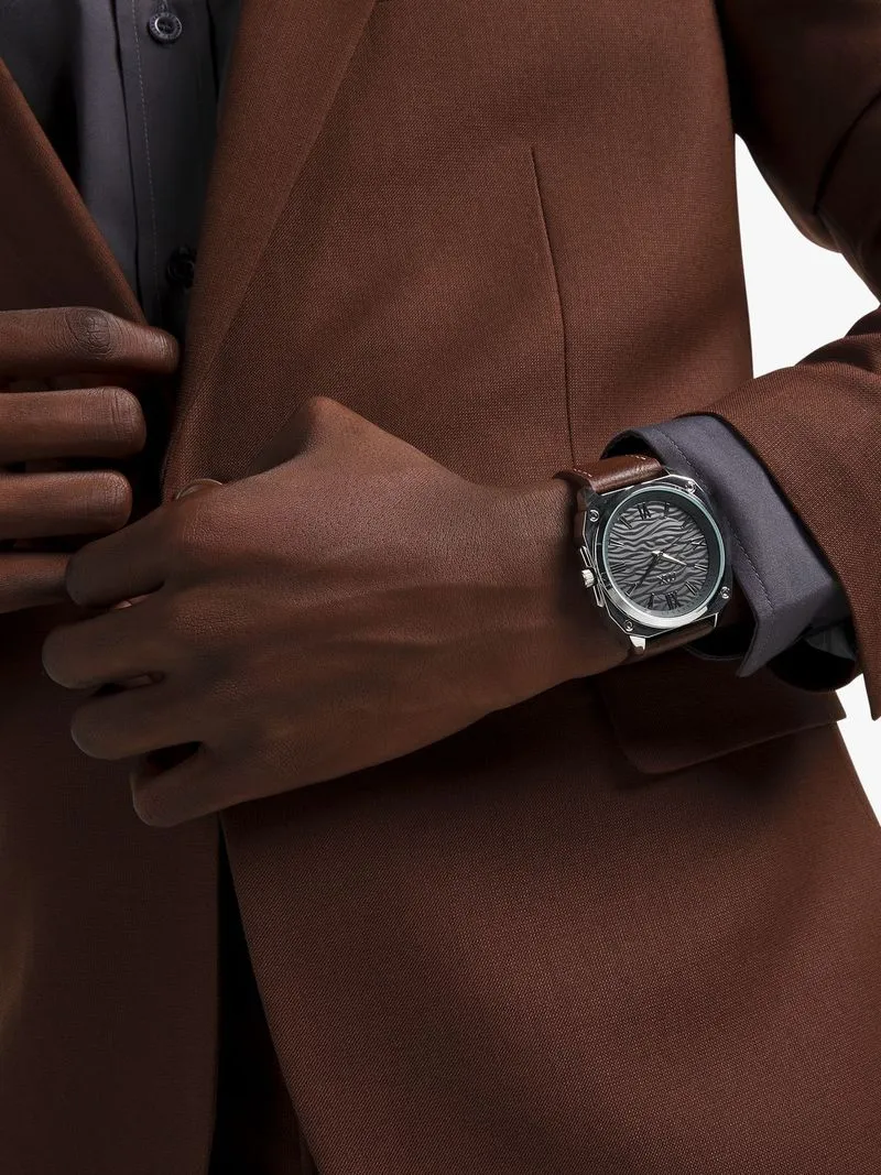 MX Silver Plated Square Grey Dial Brown Faux Leather Watch
