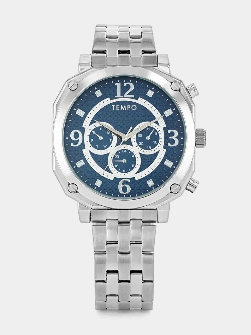 Tempo Timepiece Collection Silver Plated Blue Multi Dial Rectangle Bracelet Watch