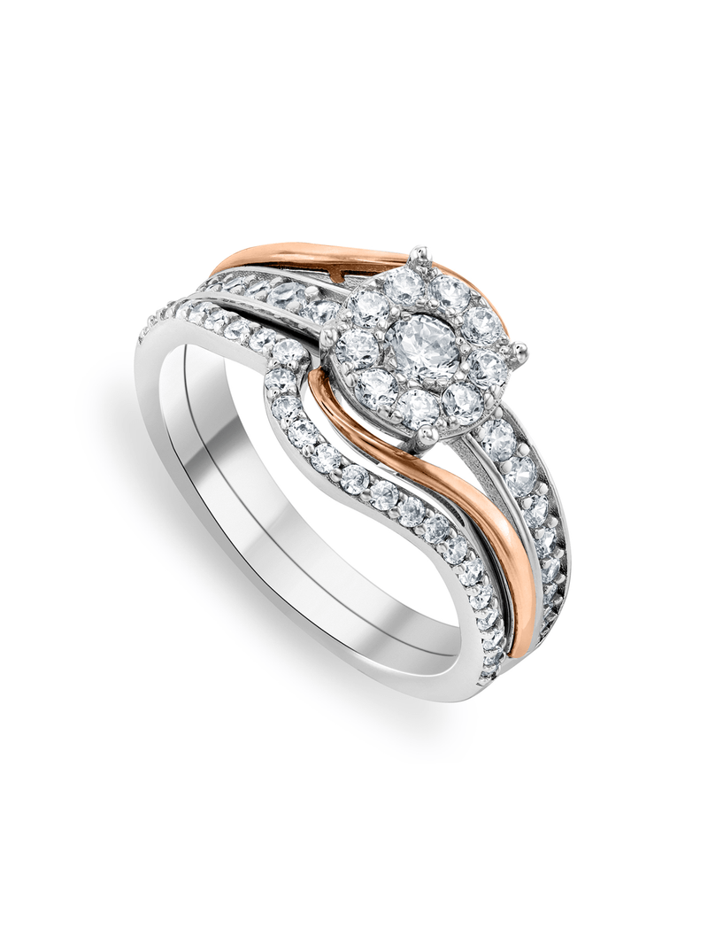 Rose Gold & Sterling Silver, Cubic Zirconia Halo Twinset Ring