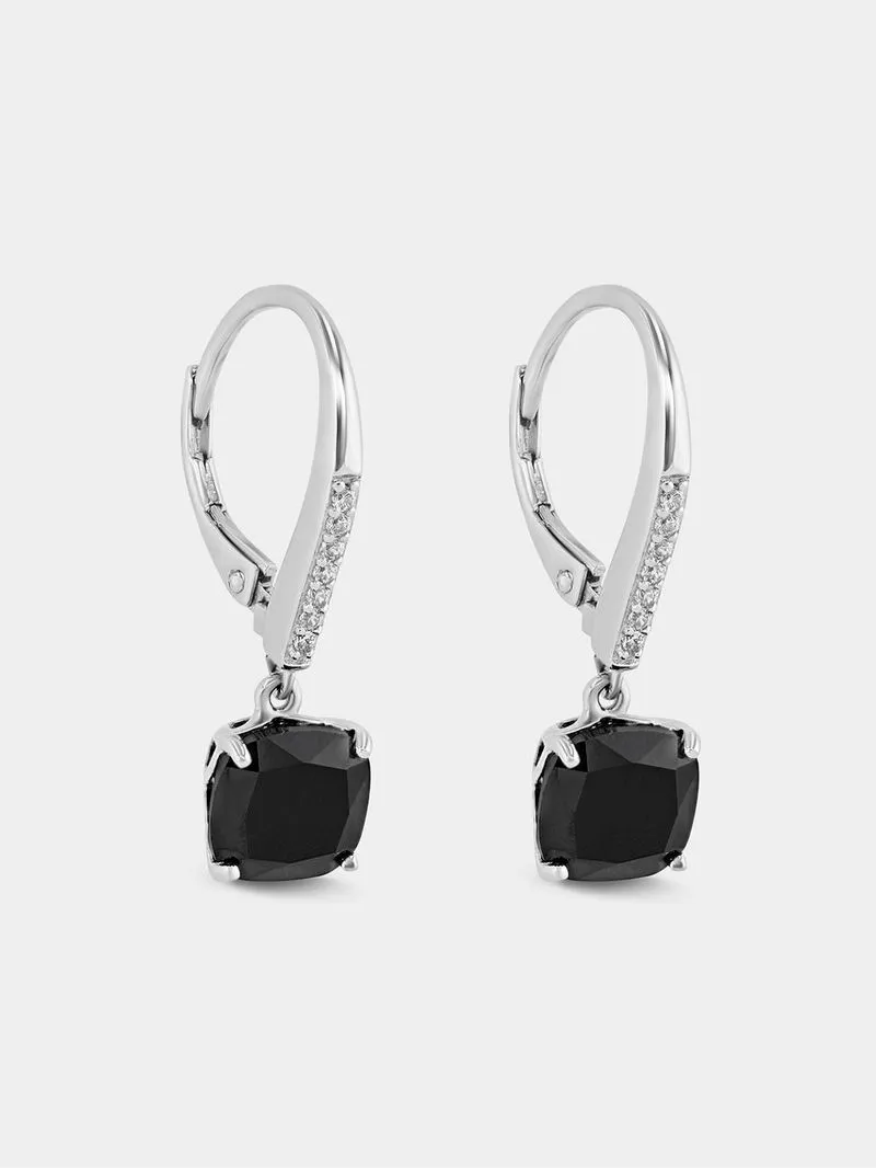Sterling Silver Black & White Cubic Zirconia Cushion Drop Earrings