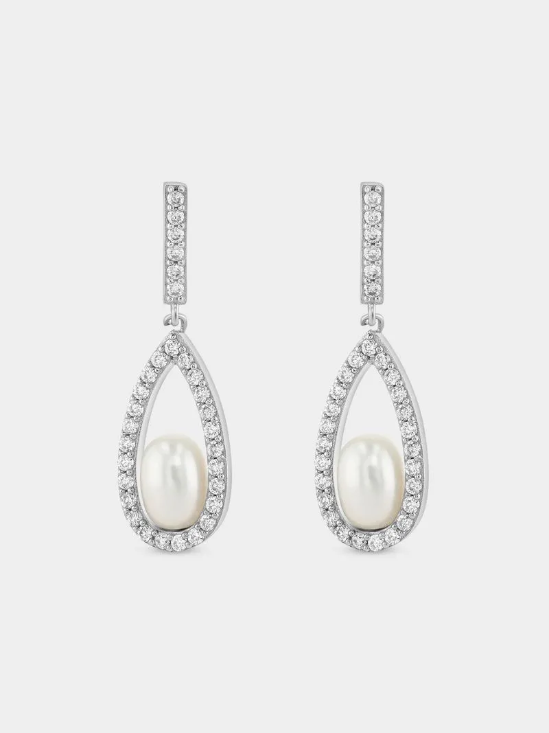 Sterling Silver Freshwater Pearl Open Tear Drop Earrings