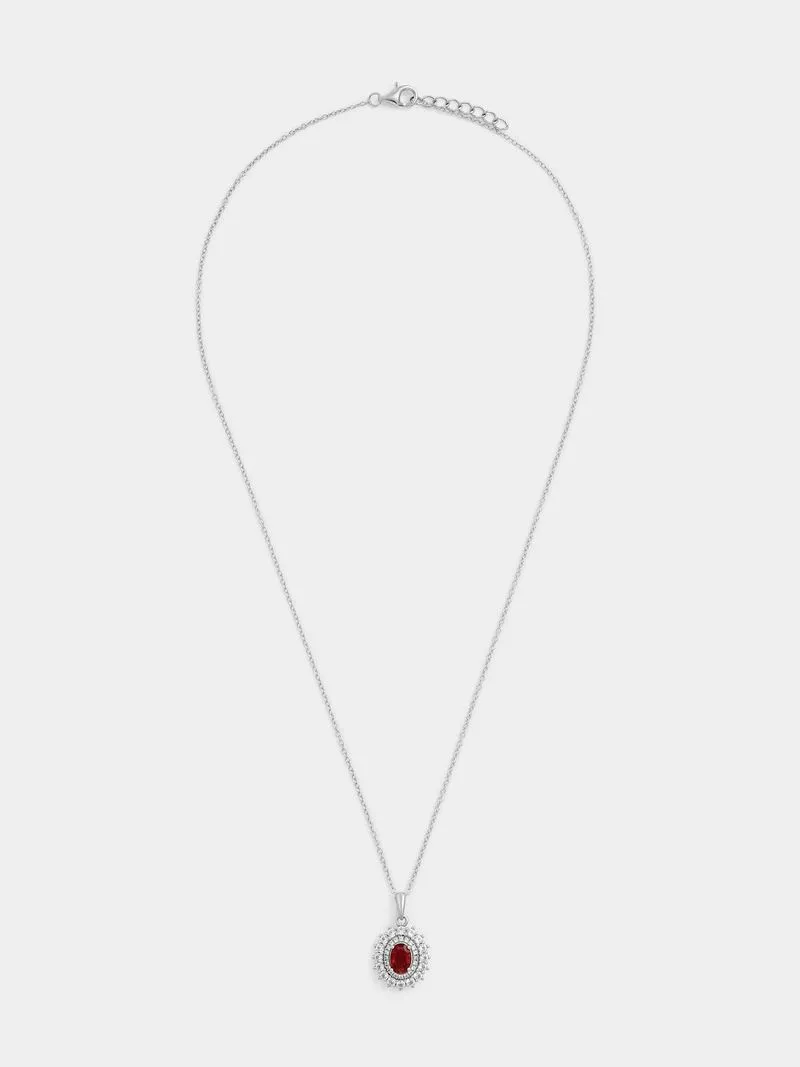 Sterling Silver Diamond & Created Ruby Oval Halo Pendant