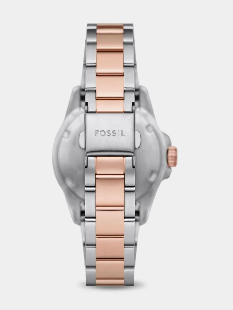 Fossil Blue Grey Dial Silver & Rose Plated Stainless Steel Bracelet Watch
