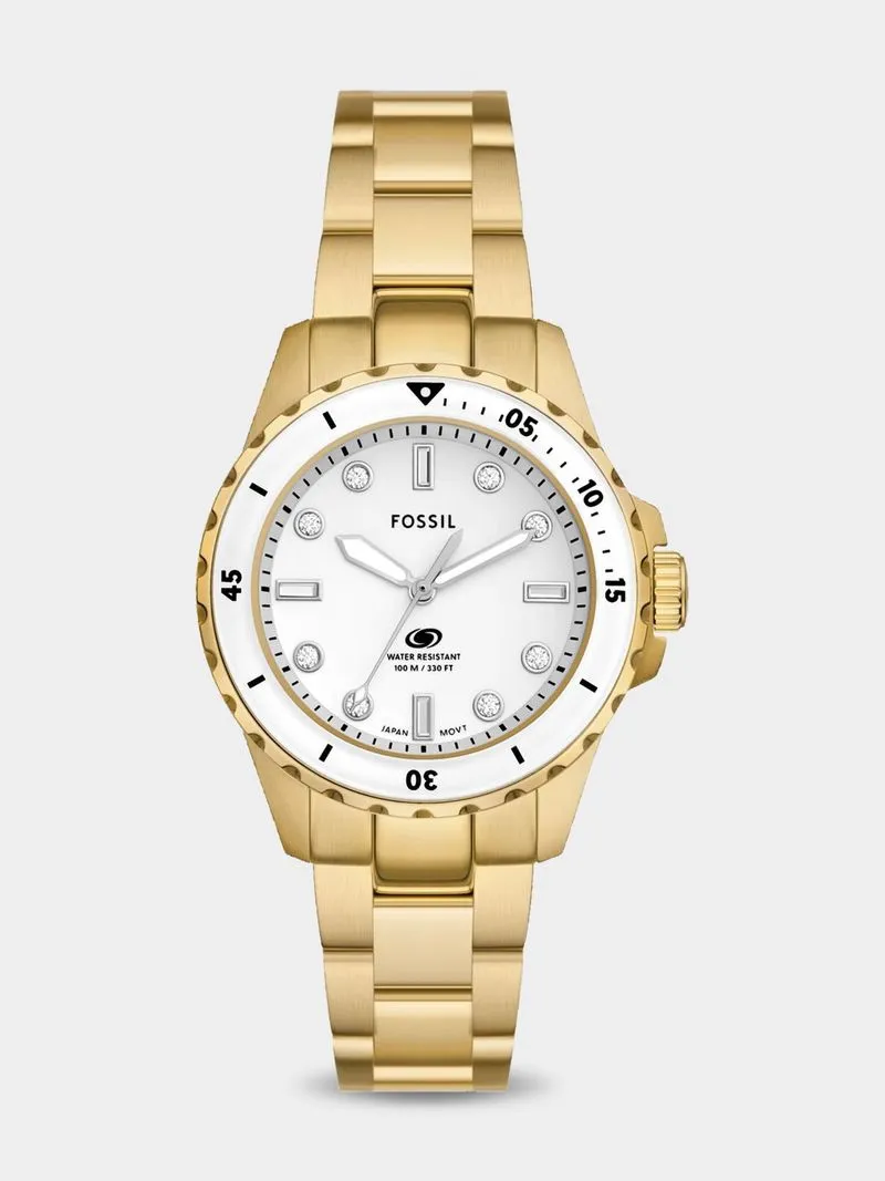 Fossil Blue White Dial Gold Plated Stainless Steel Bracelet Watch