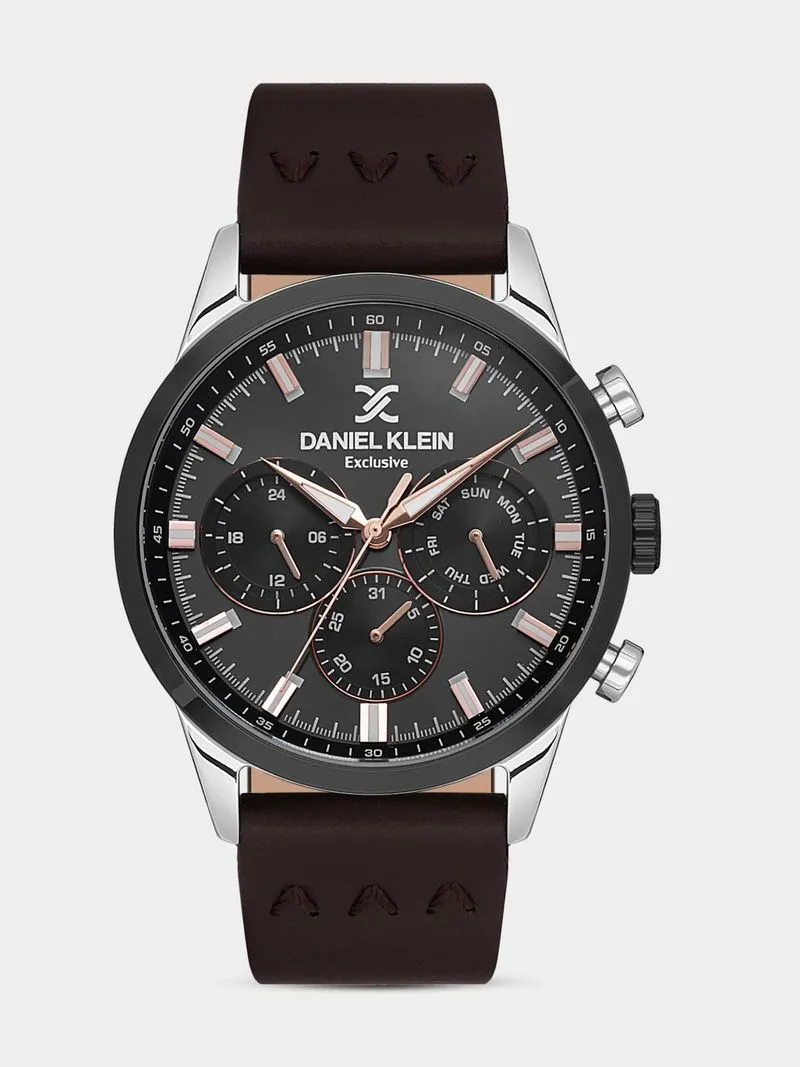 Daniel Klein Black Plated Brown Leather Chronographic Watch
