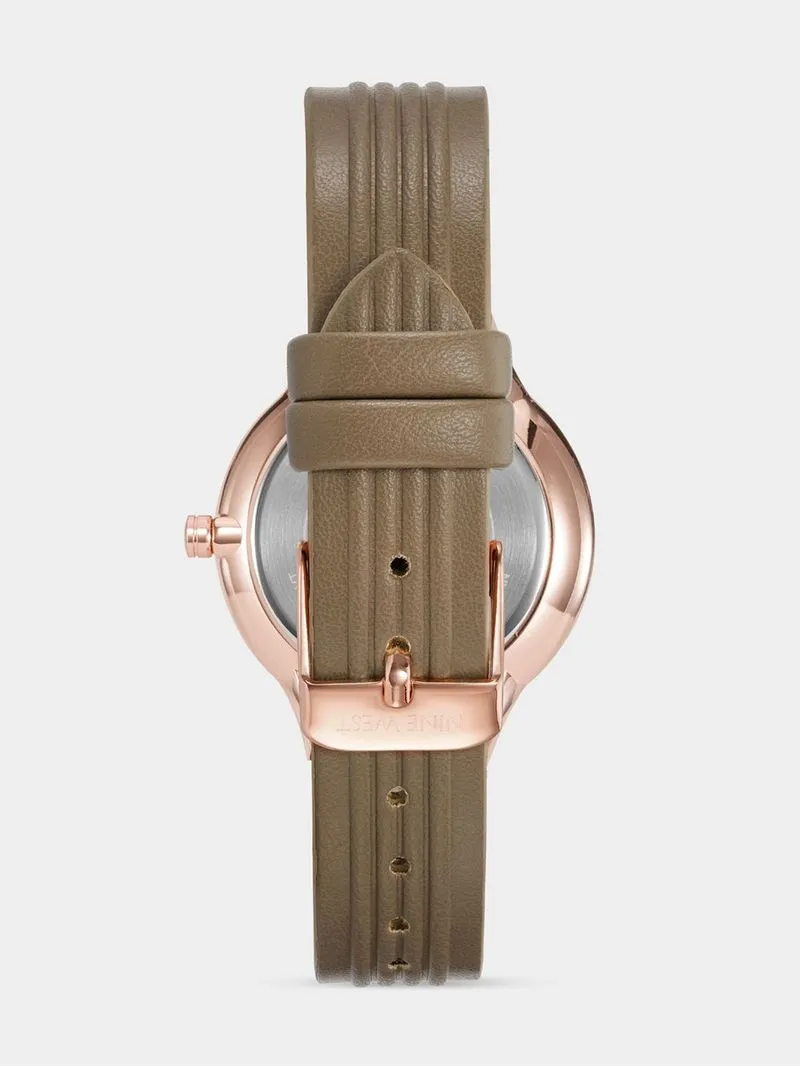 Nine West Women's Rose Gold Plated & Brown Round Vegan Leather Watch