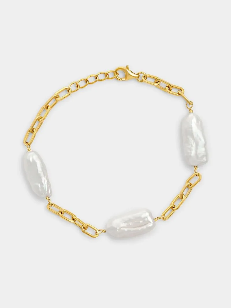 Gold Plated Sterling Silver Freshwater Pearl Paperclip Bracelet
