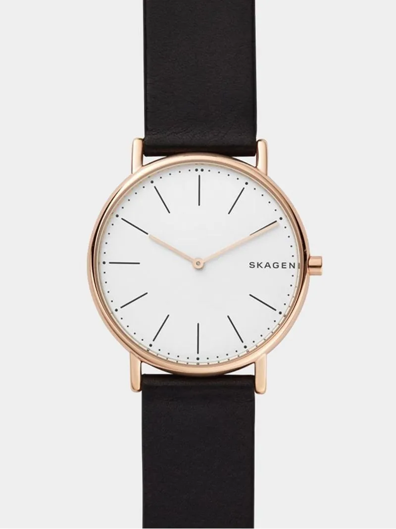 Skagen Men's Signatur Rose Gold Plated Titanium & Black Leather Watch