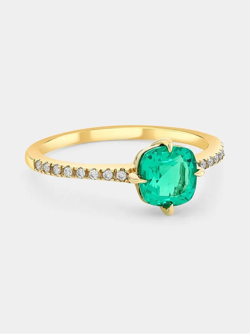 Yellow Gold Lab Grown Emerald & Moissanite Women’s Cushion Ring