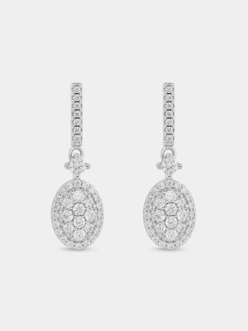 Sterling Silver Cubic Zirconia Multi-Stone Oval Halo Drop Earrings