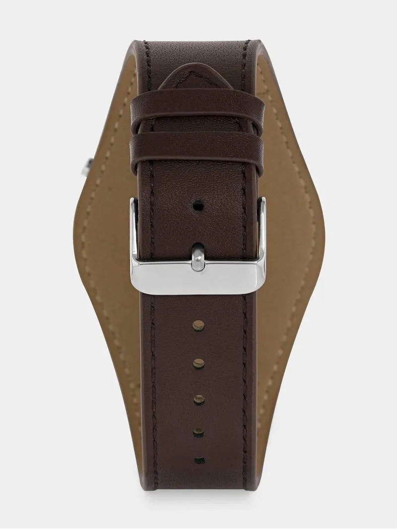 Tempo Men’s Silver Plated Navy Dial Chronographic Brown Leather Watch