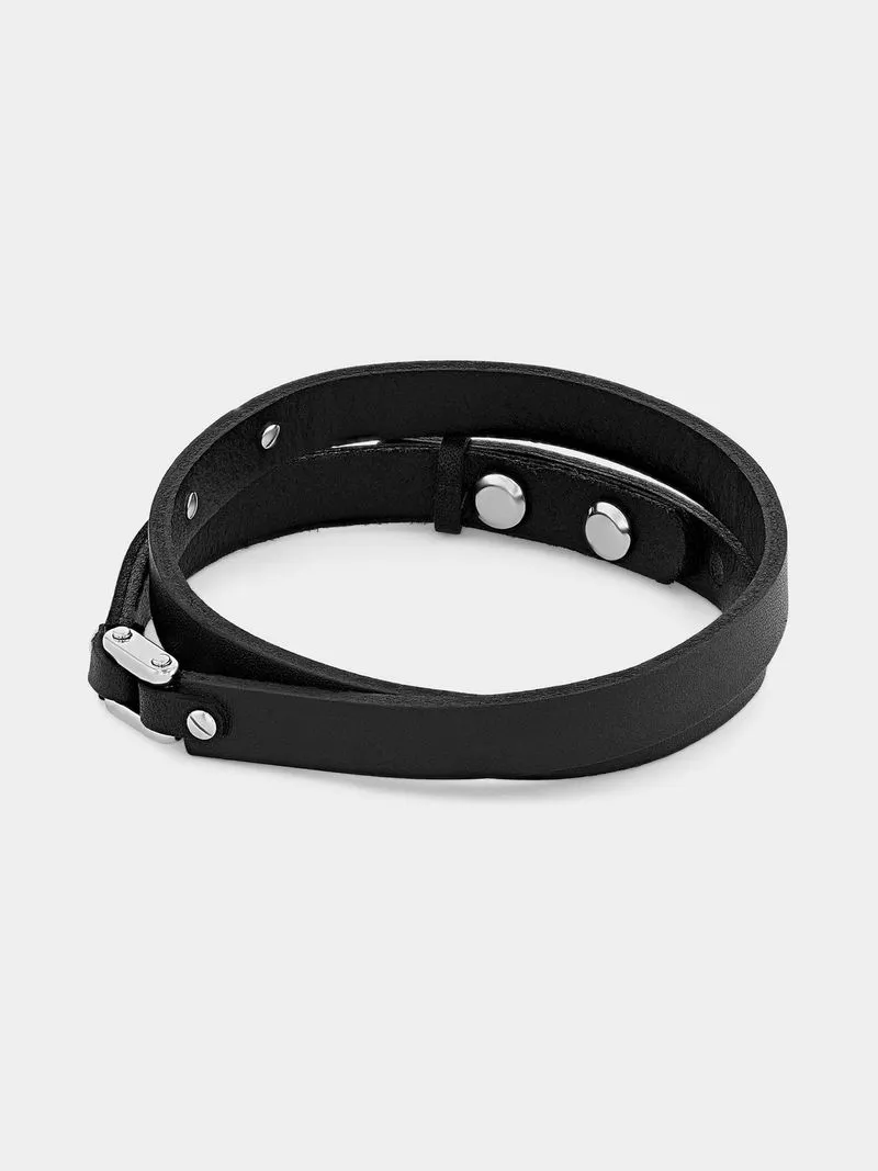 Diesel Black Leather & Stainless Steel Stackable Bracelet