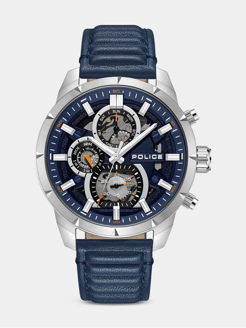 Police Neist Stainless Steel Translucent & Blue Dial Blue Leather Watch