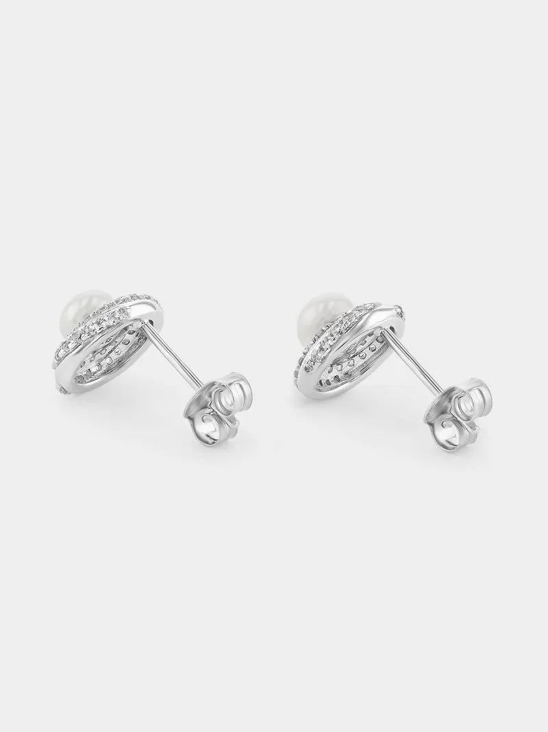 Sterling Silver Diamond & Freshwater Pearl Round Halo Stud Earrings