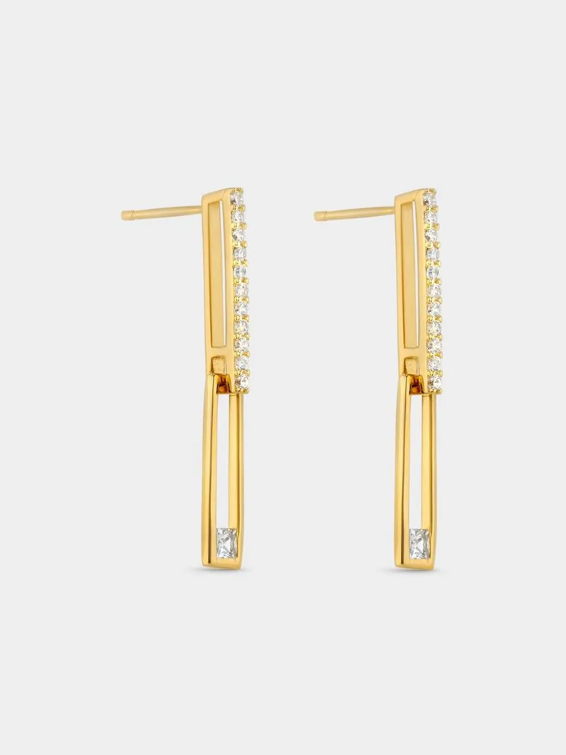 Gold Plated Sterling Silver Cubic Zirconia Bar Paperclip Drop Earrings