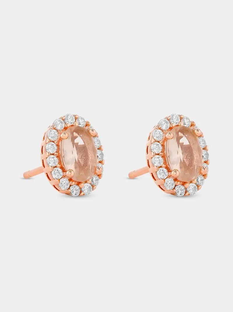 Rose Plated Sterling Silver Morganite Cubic Zirconia Oval Halo Stud Earrings