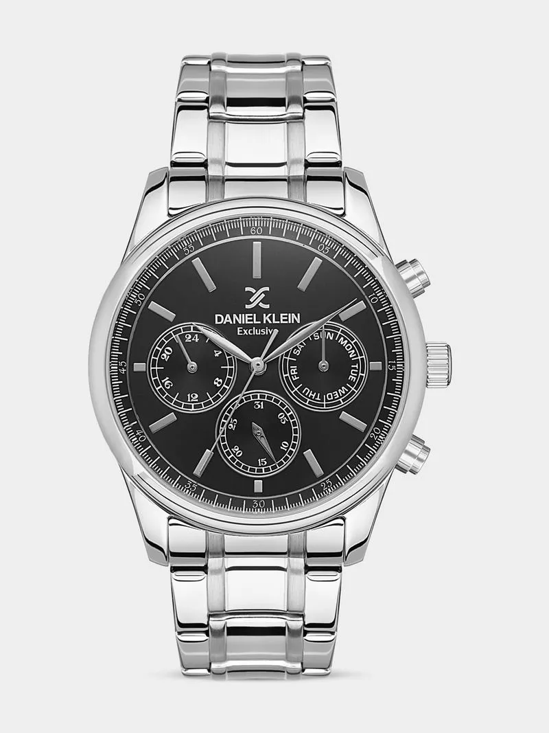 Daniel Klein Silver Plated Black Dial Chronographic Stainless Steel Bracelet Watch