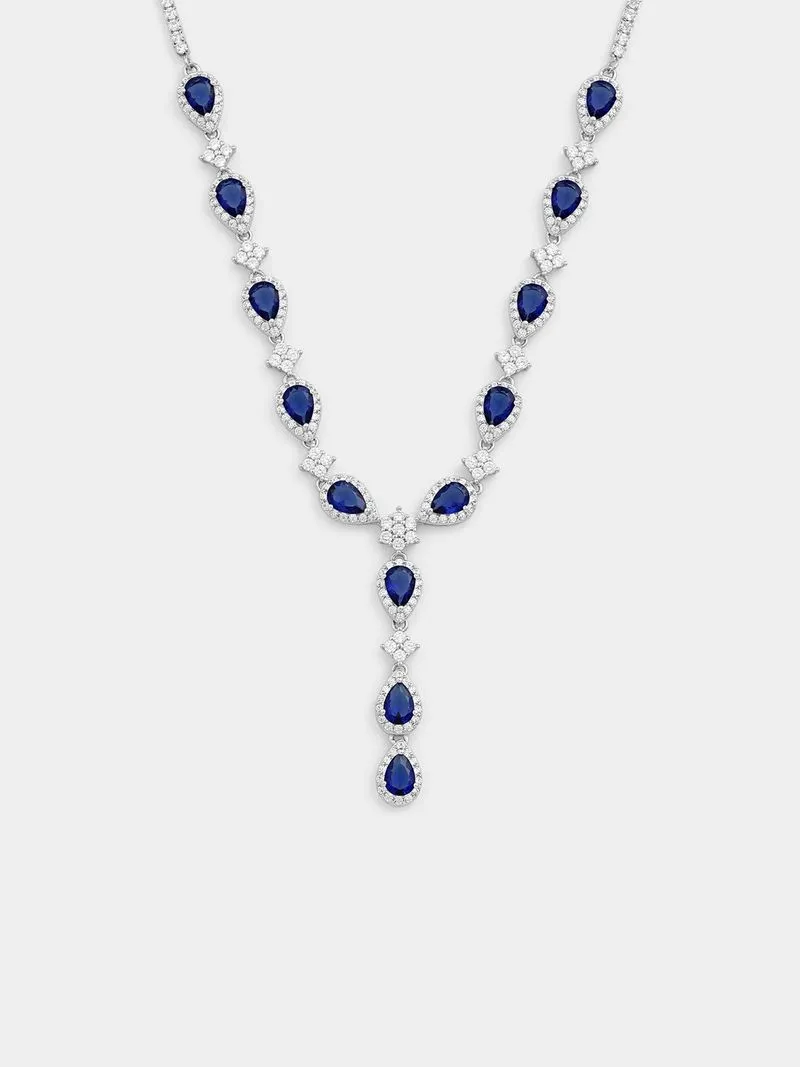 Sterling Silver Sapphire Blue Cubic Zirconia Pear Halo Necklace