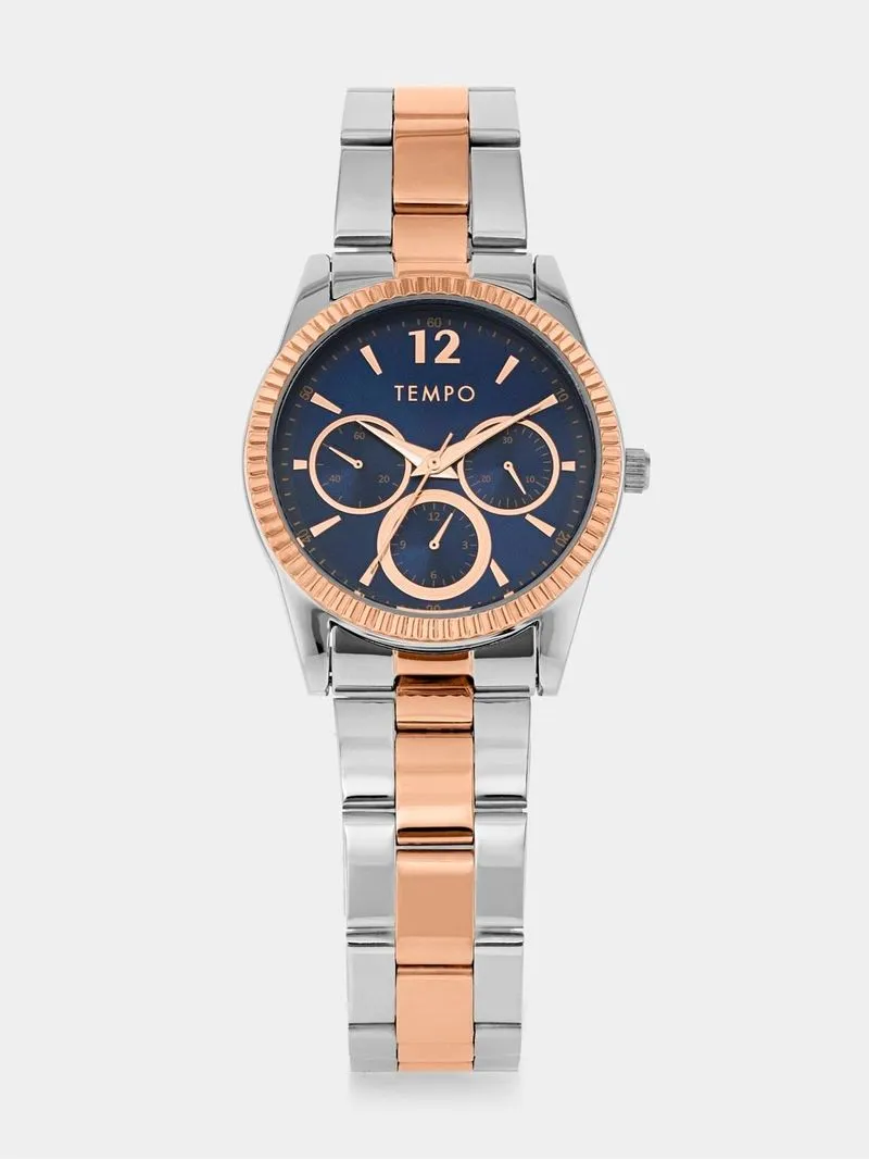 Tempo Women’s Silver & Rose Plated Coin Edge Blue Dial Bracelet Watch