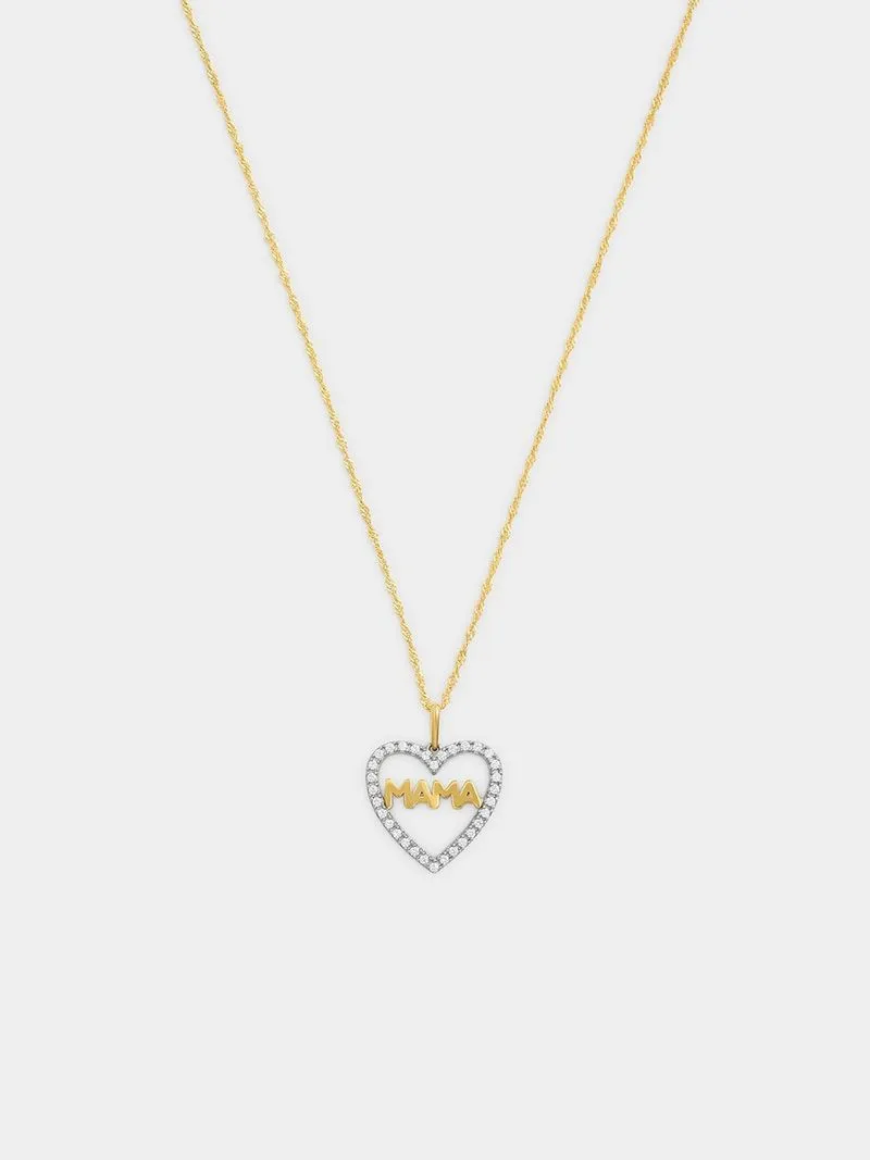 Yellow Gold and Sterling Silver Cubic Zirconia Mama Heart Pendant on a chain