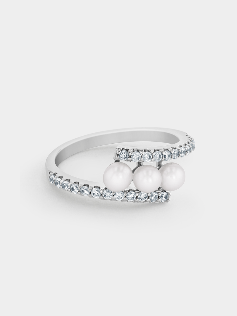 Cheté Sterling Silver Pearl Cubic Zirconia Women’s Tension Trilogy Ring