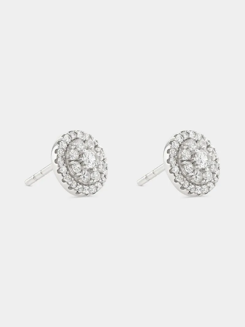 Sterling Silver Cubic Zirconia Oval Cluster Halo Stud Earrings