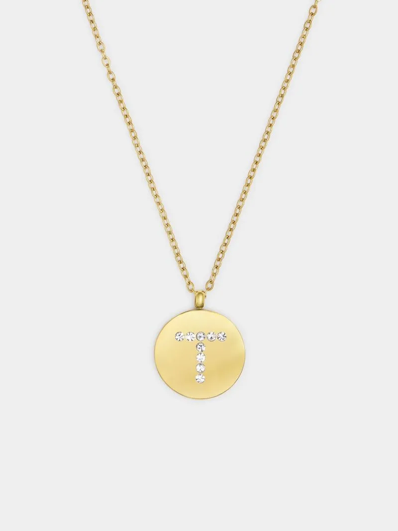 18ct Gold Plated Waterproof Stainless Steel CZ T Initial on Disk Pendant