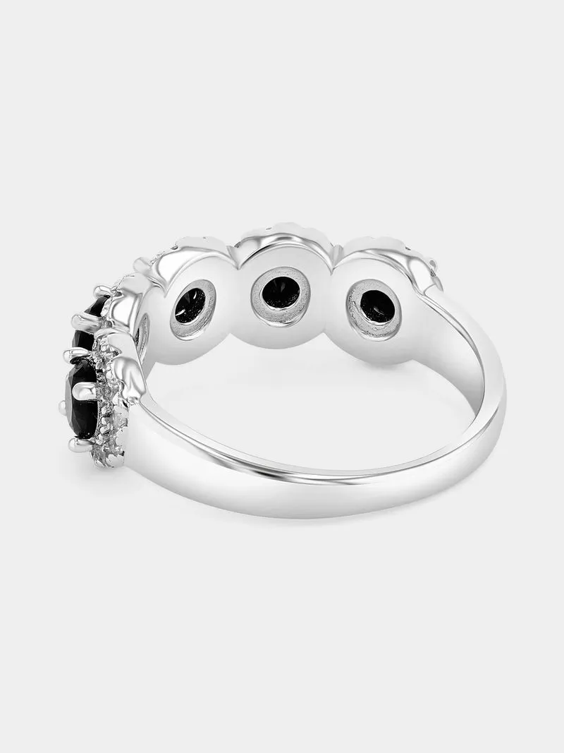 Sterling Silver Black Cubic Zirconia Oval Halo Half Anniversary Ring