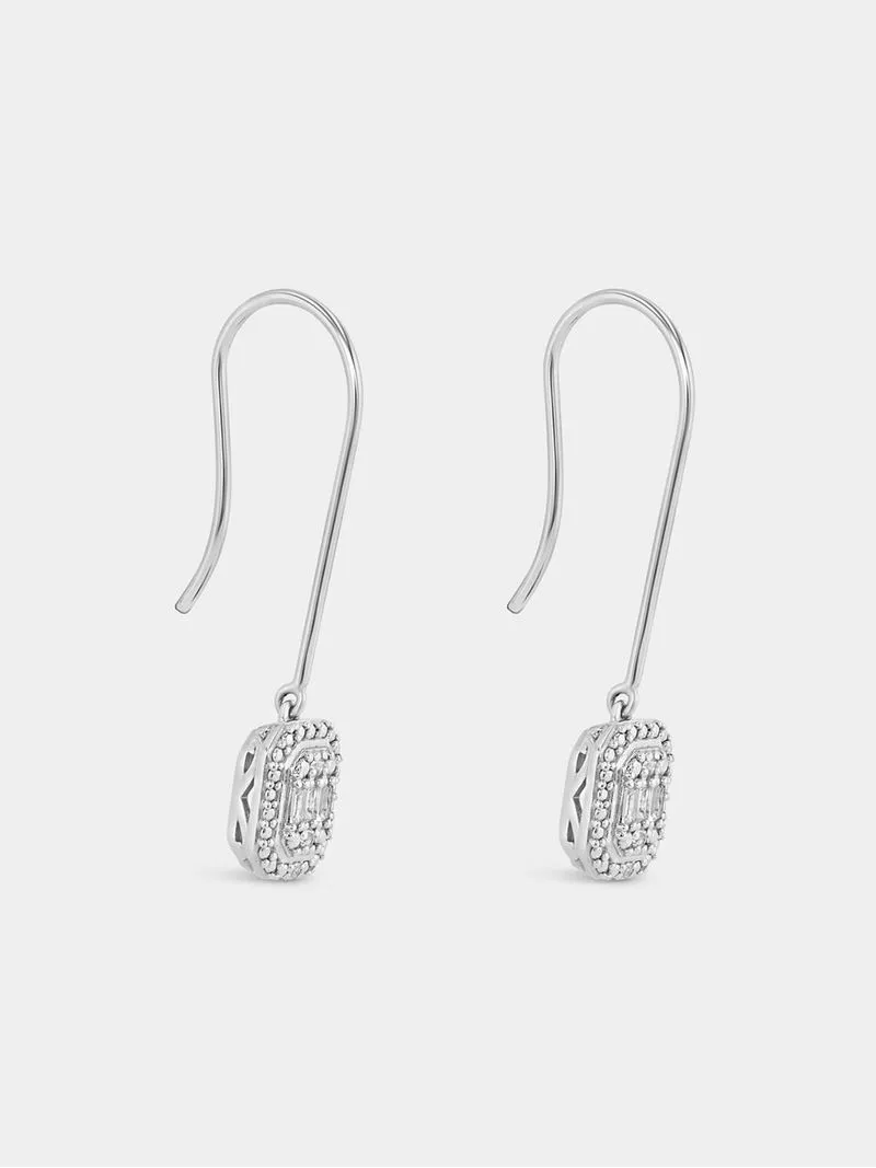 Sterling Silver Diamond & Created Sapphire Cushion Cluster Halo Drop Earrings