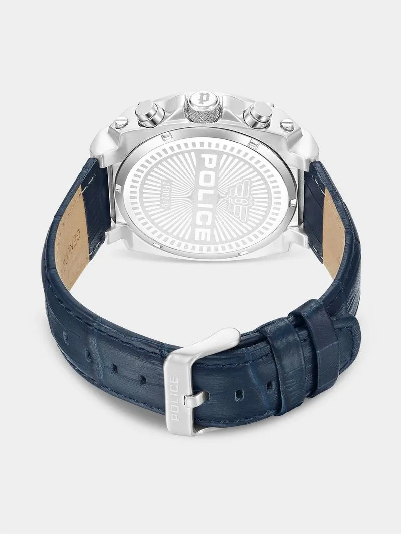Police Norwood Stainless Steel Black Transparent Dial Blue Leather Watch