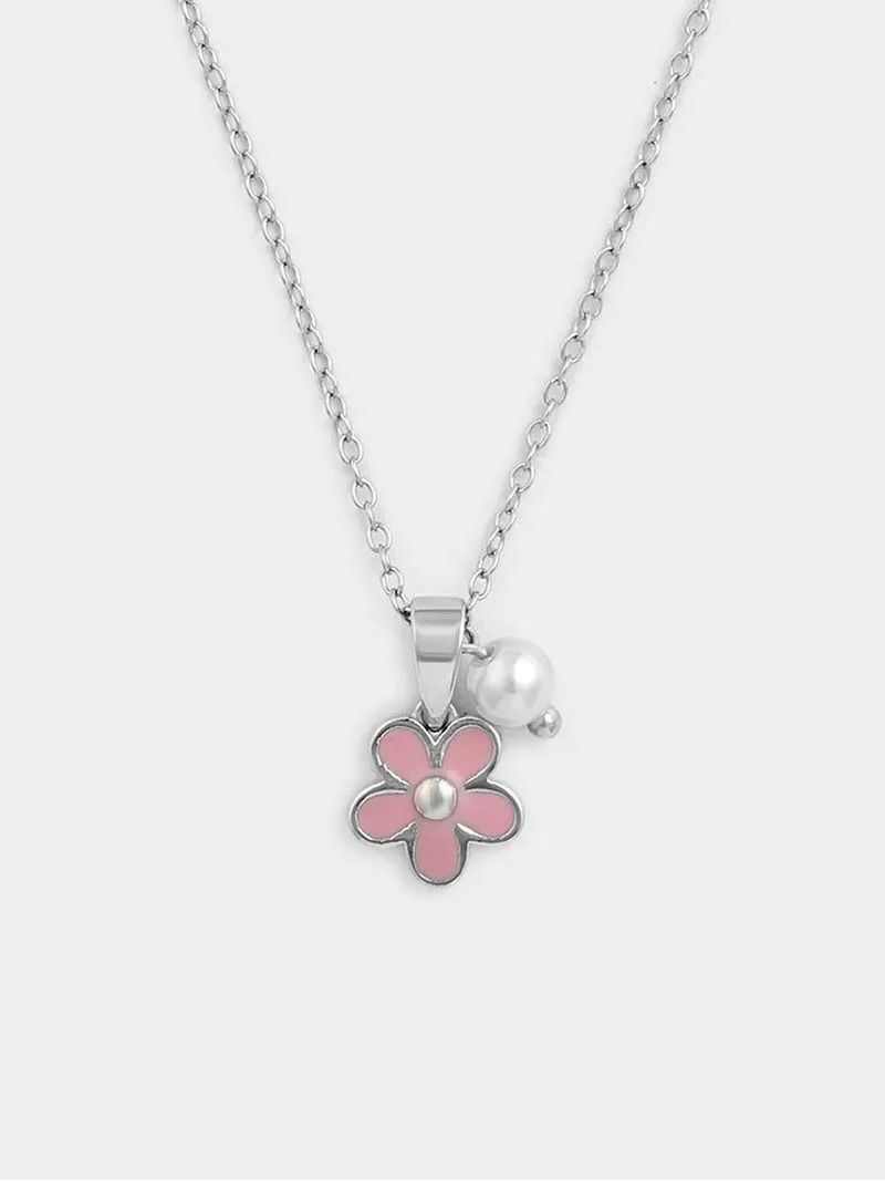 Sterling Silver Freshwater Pearl Pink Enamel Daisy Pendant