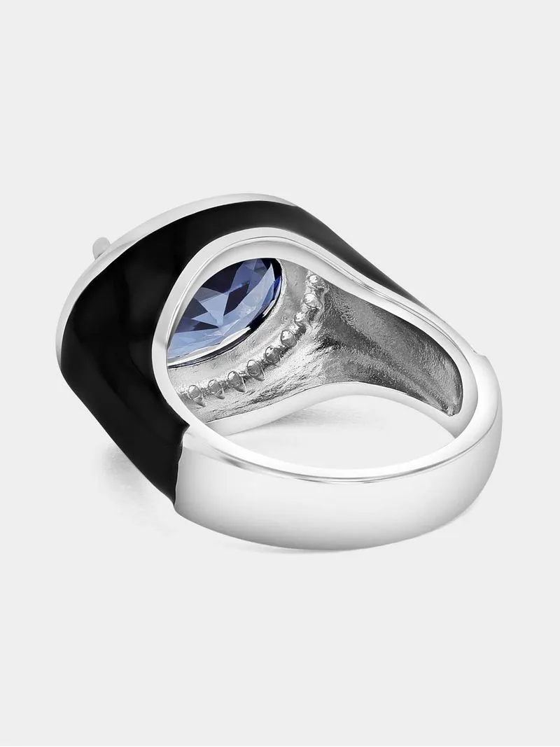 Sterling Silver Black Enamel Tanzanite Blue Cubic Zirconia Oval Halo Ring