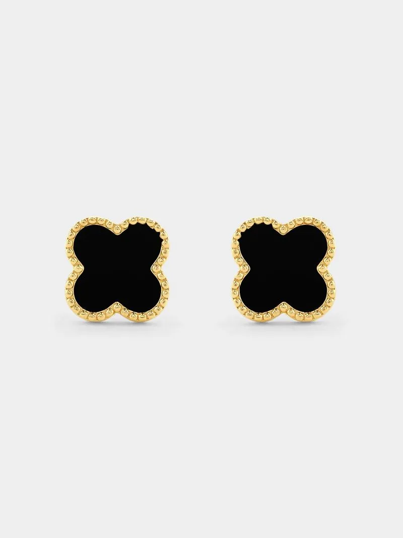 Gold Plated Sterling Silver Black Enamel Clover Stud Earrings