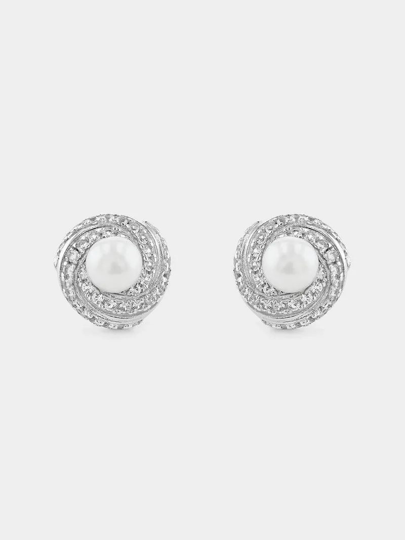 Sterling Silver Diamond & Freshwater Pearl Round Halo Stud Earrings