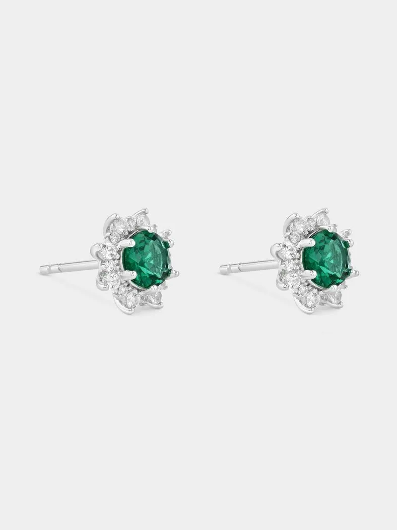 Sterling Silver Flower Emerald Noble Stud Earring.
