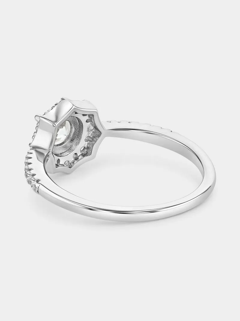 Sterling Silver Diamond & Created Sapphire Round Halo Ring