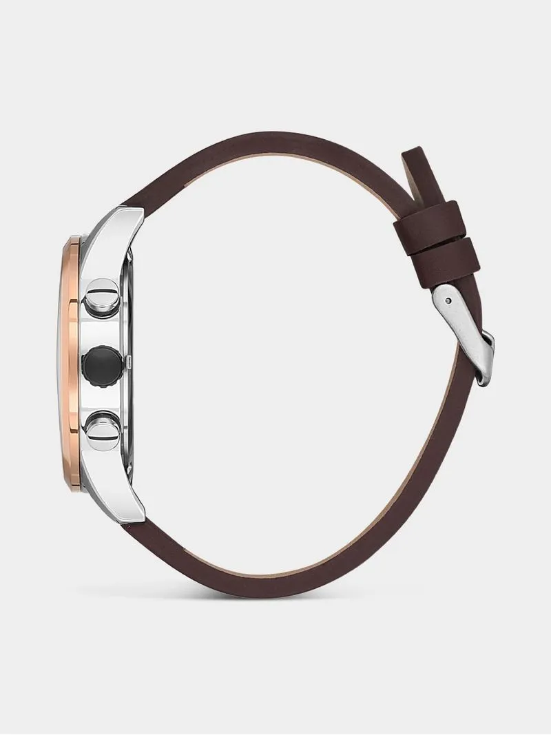 Daniel Klein Silver & Rose Plated Brown Leather Chronographic Watch