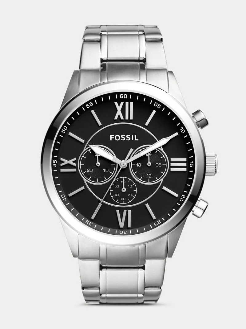 Fossil Flynn Silver Plated Stainless Steel Chronograph Bracelet Watch