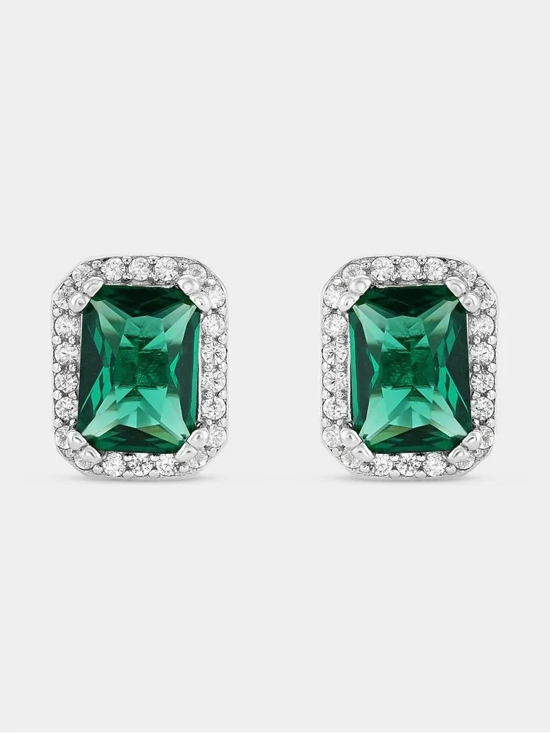 Sterling Silver Green Cubic Zirconia Emerald-Cut Halo Stud Earrings