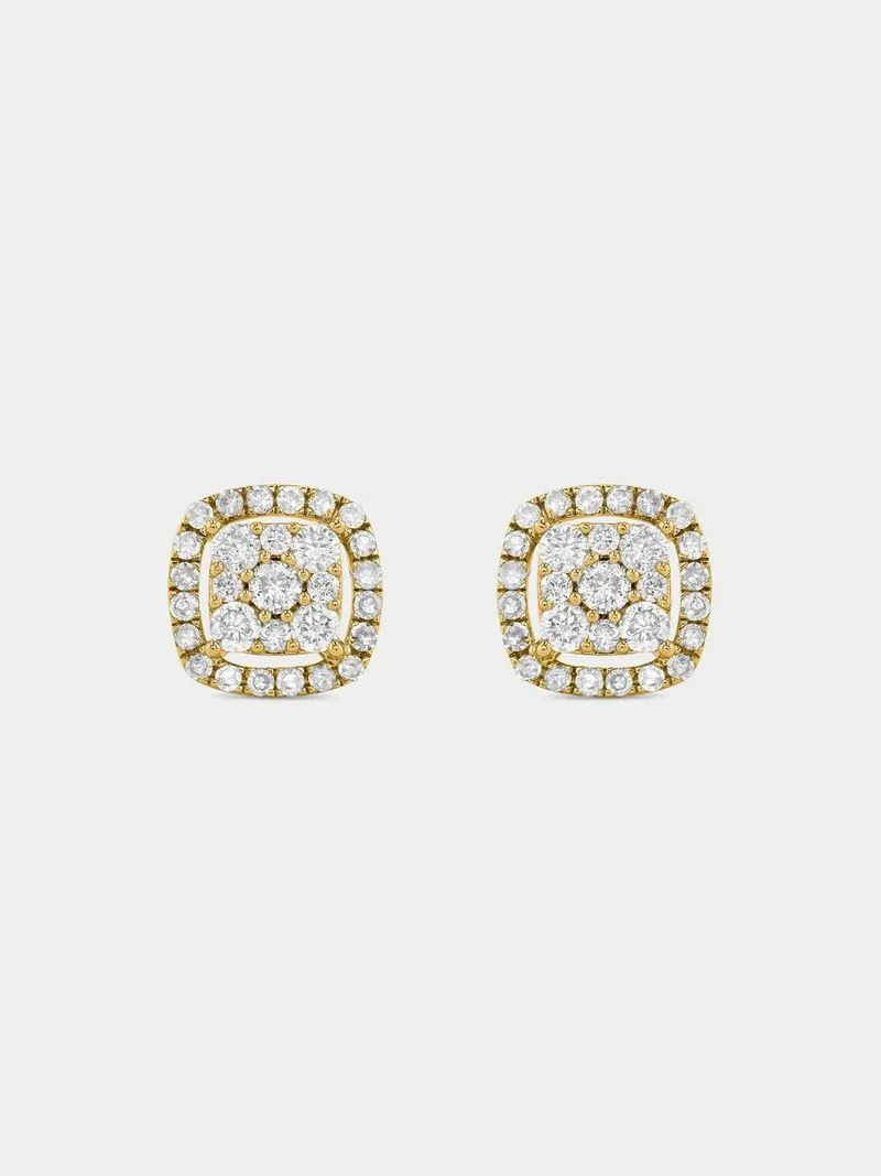 Yellow Gold 0.50ct Diamond Cushion Halo Stud Earrings