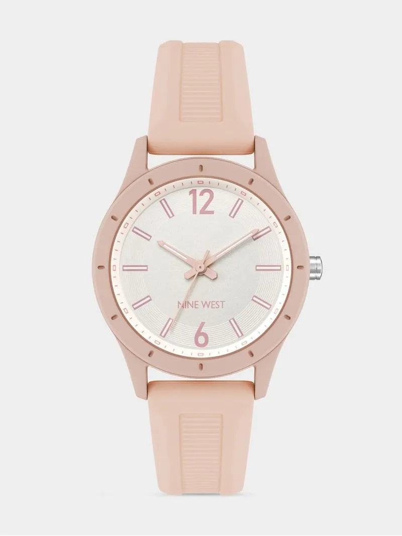 Nine West Women's Silver Dial & Pink Round Silicone Watch