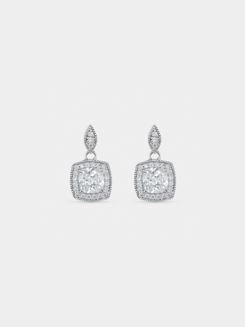 Cheté Sterling Silver Cubic Zirconia Women’s Cushion Halo Drop Earrings