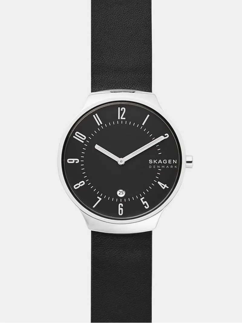 Skagen Men's Grenen Silver Plated Stainless Steel & Black Leather Watch