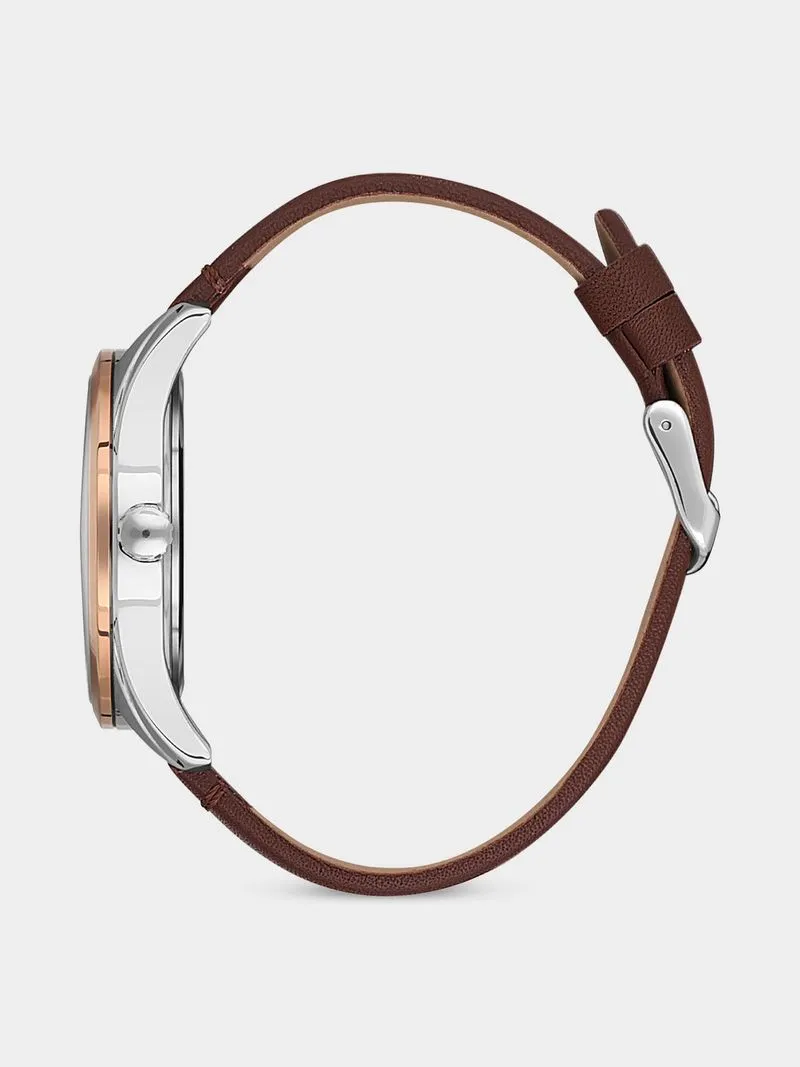 Daniel Klein Silver & Rose Plated Blue Dial Brown Leather Watch