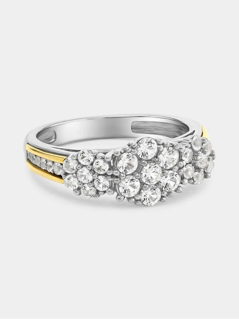 Yellow Gold & Sterling Silver Diamond & Created Sapphire Cluster Trilogy Ring