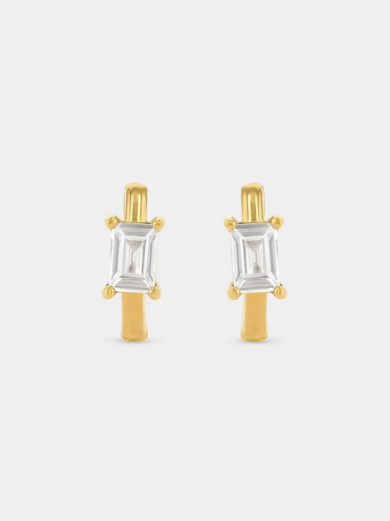 Gold Plated Sterling Silver Cubic Zirconia Baguette Huggie Earrings