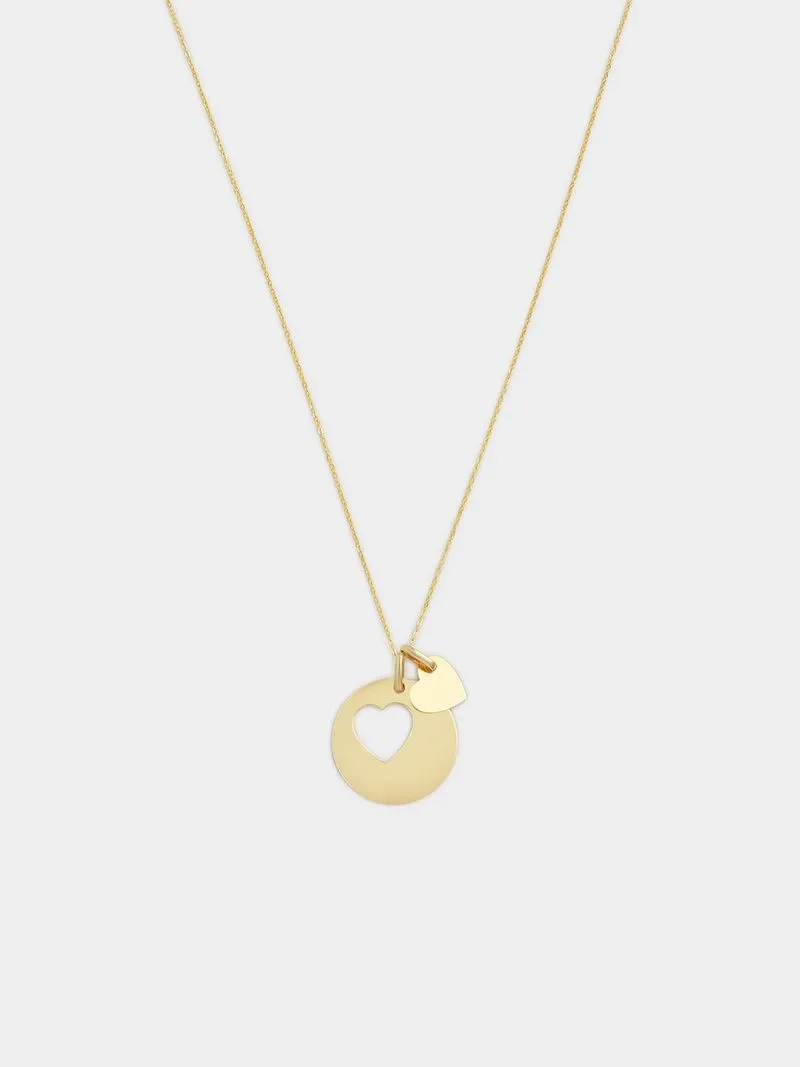 Yellow Gold Double pendant,Round Disc with heart cut-out and Plain heart on a chain.
