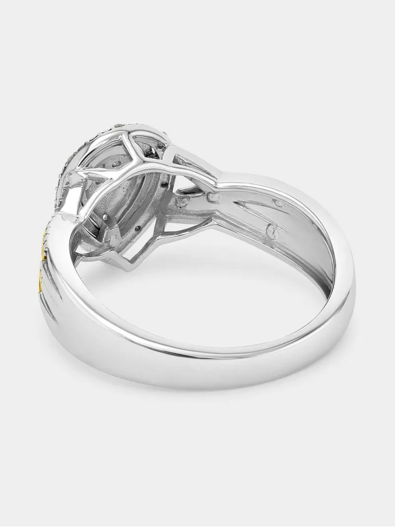 Yellow Gold & Sterling Silver Created Sapphire Pear Flare Halo Ring
