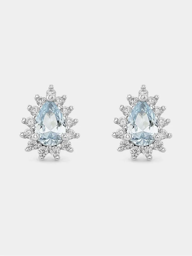 Sterling Silver Aquamarine Cubic Zirconia Pear Halo Stud Earrings